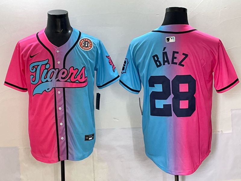 Men 2025 Detroit Tigers #28 Baez Blue pink Game Nike MLB Jersey style 07->detroit tigers->MLB Jersey
